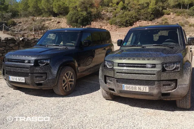 Two Defenders with mud on the front and flanks after the off-road drive at Les Comes, Spain